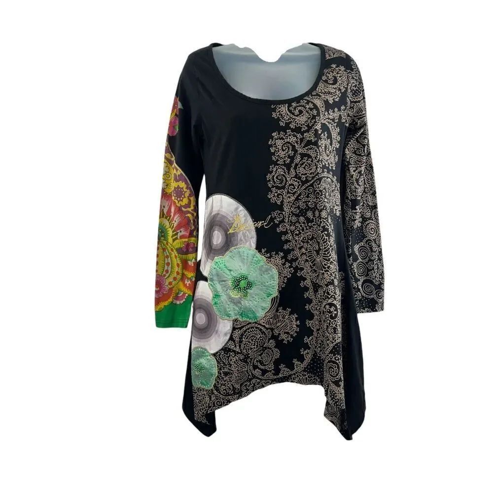 Desigual Milton Tunic Top Women's Medium Asymmetrical Floral Boho Long Sleeve